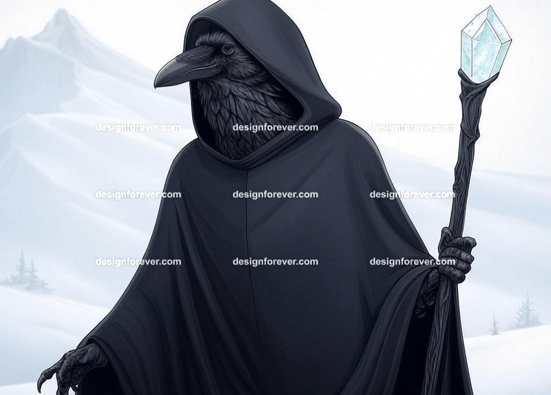 Mysterious raven in a dark hooded cloak