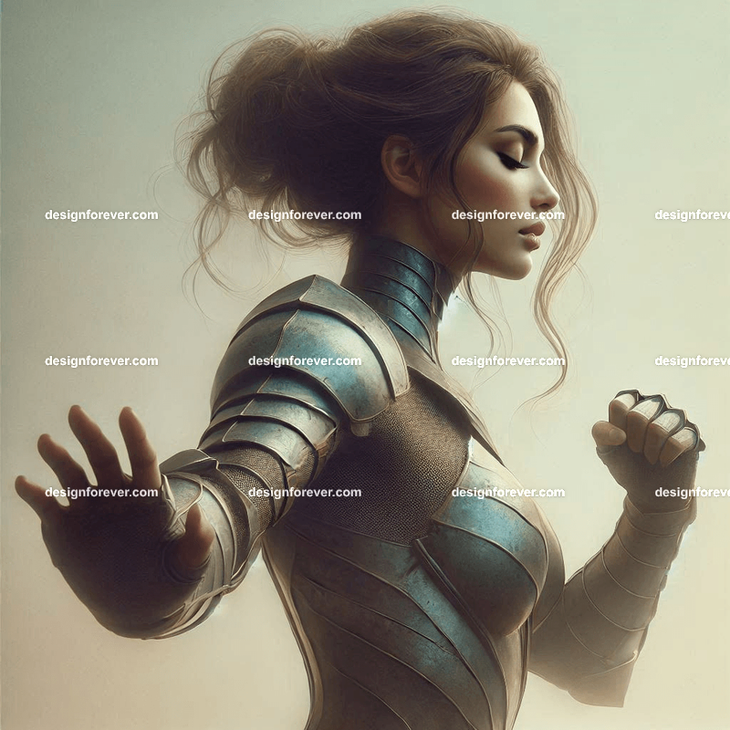 fierce woman in body suit armor in defensive pose