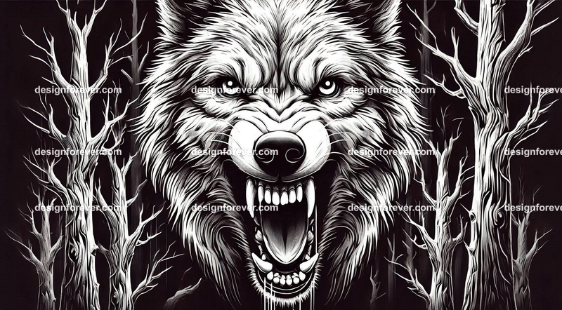 a wolf baring its teeth at you in creepy forest with dead trees