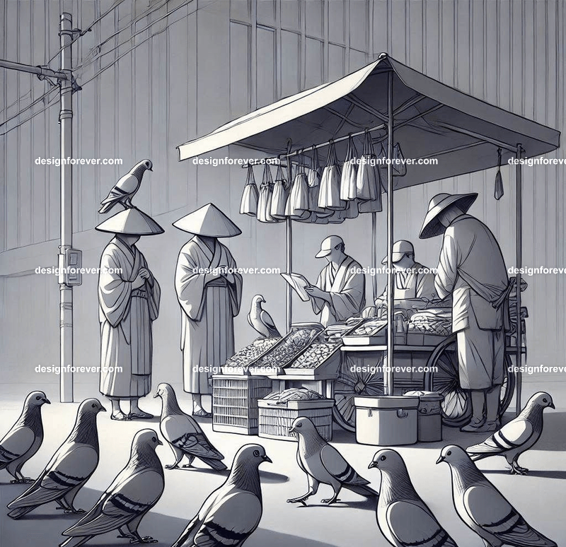 Anthropomorphs pigeons as street vendors