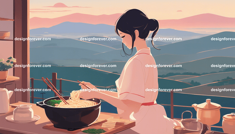 young woman cooking ramen