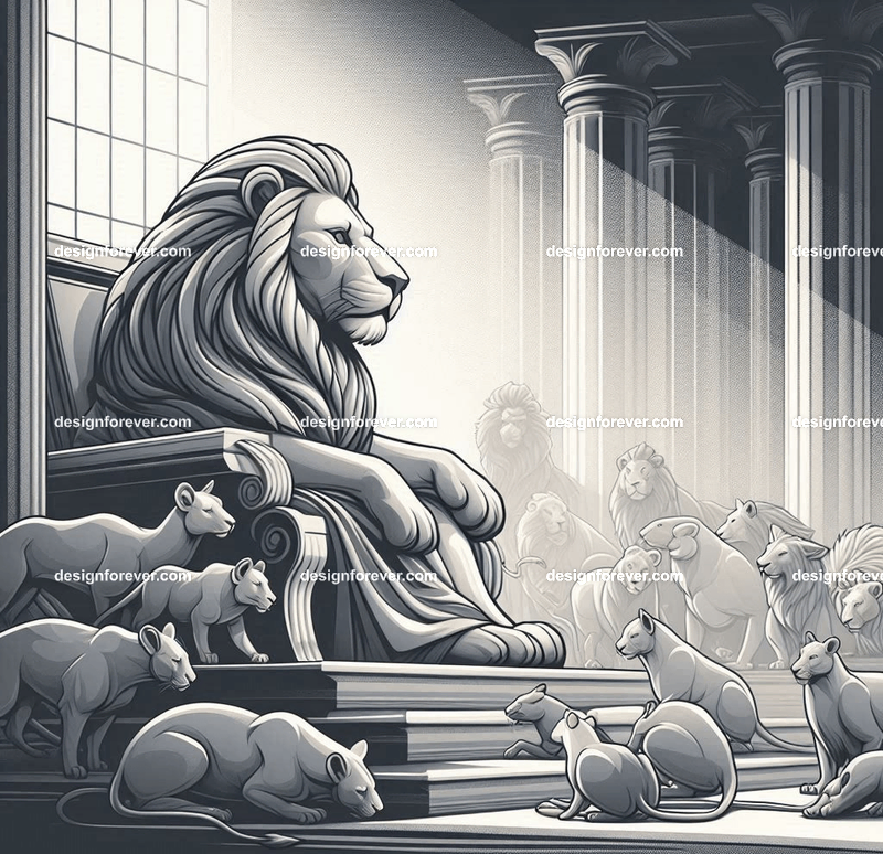 An allegorical piece where a lion king presides over a court of animals