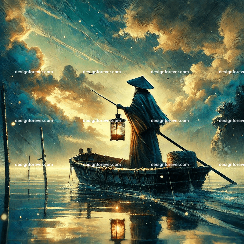 Long fisherman with lantern on boat