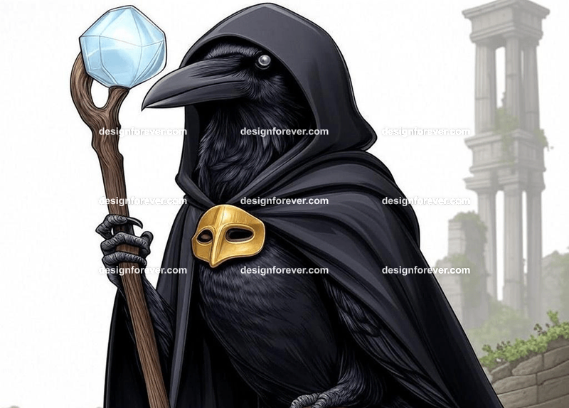 Mysterious raven in a dark hooded cloak