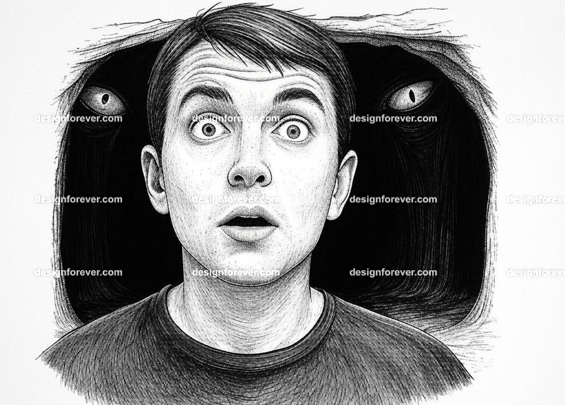 /imagine ink pen drawing of man looking into dark cave and seeing pair of scary monster eyes staring back at him