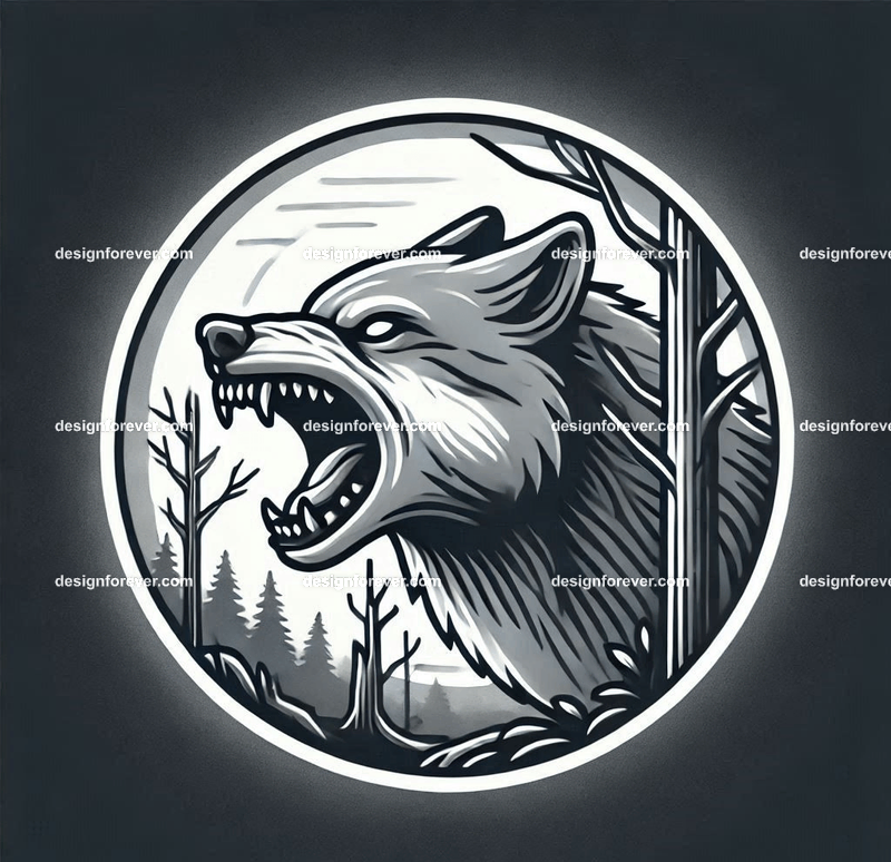 round frame depicting A wolf baring its teeth in a creepy forest with dead trees