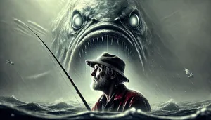 closeup of fisherman frightened with panic staring into abyss fog shadow of sea monstrosity