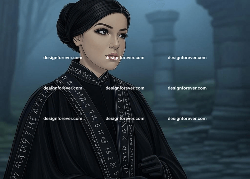 beautiful woman but with raven skin instead of human skin wearing black robe of magician with runes