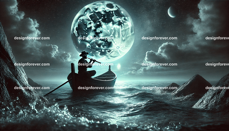 moonlight serene ocean and lone man with flute on fishing boat