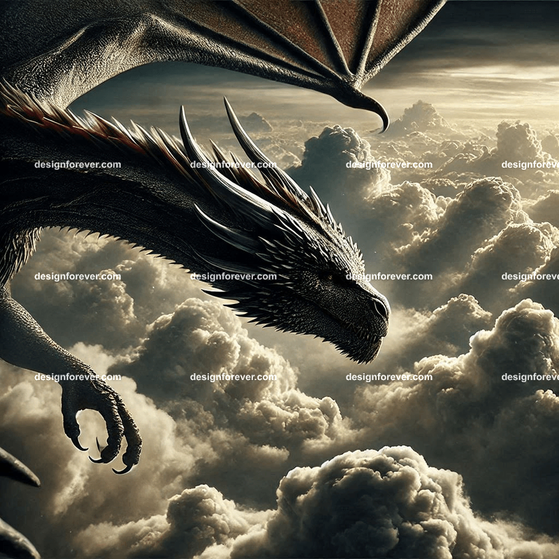The flight of the dragons above majestic clouds and dark sky