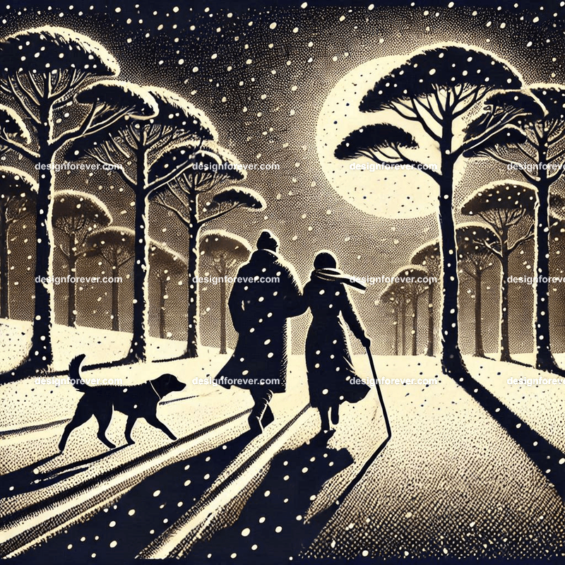 couple walking with a dog in winter