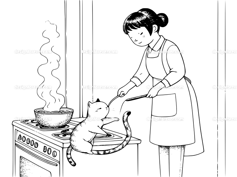 cat rubbing against housewife while she's cooking ramen in kitchen