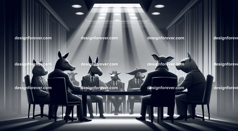 Anthropomorphs animal farm animals as senators in congressmen in dark smoky room insider trading with businessmen