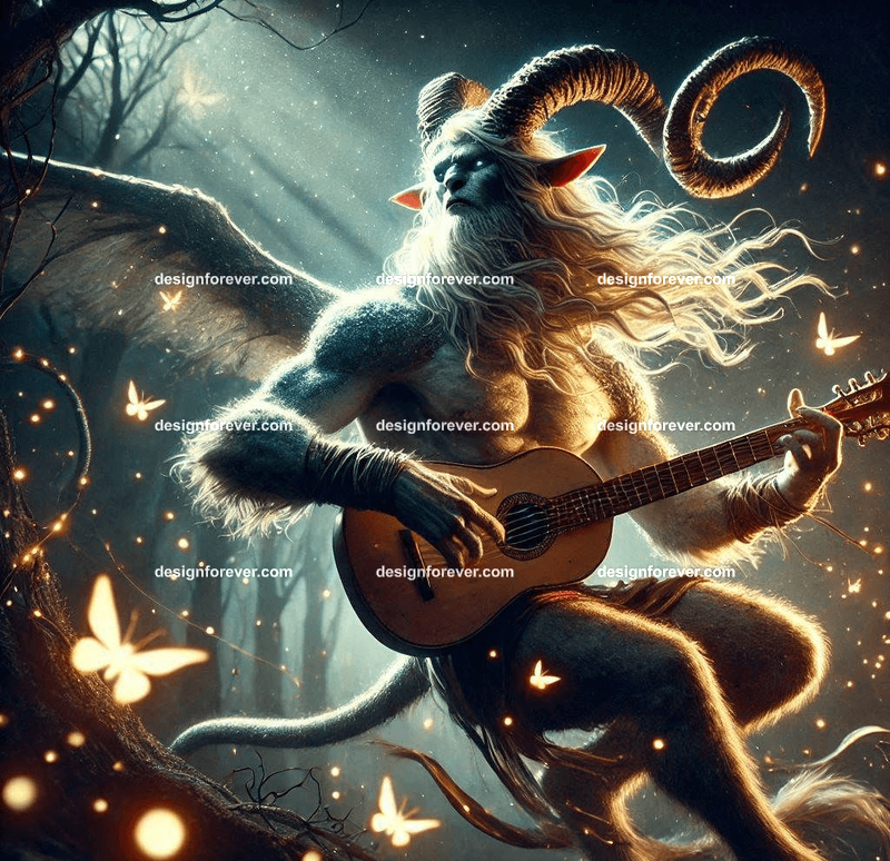 Satyr with a lute, playing music in an enchanted forest, surrounded by glowing fireflies