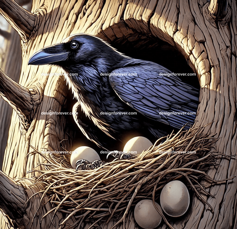 Raven living in tree hole