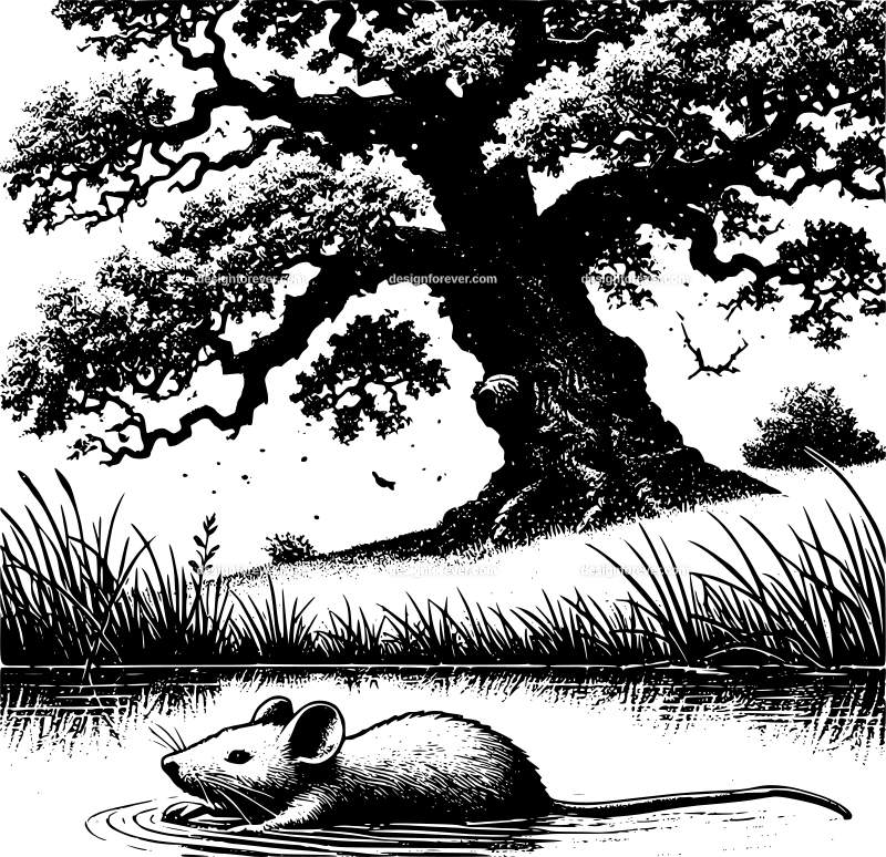 anthromorphic mouse swimming in pond next to old oak tree