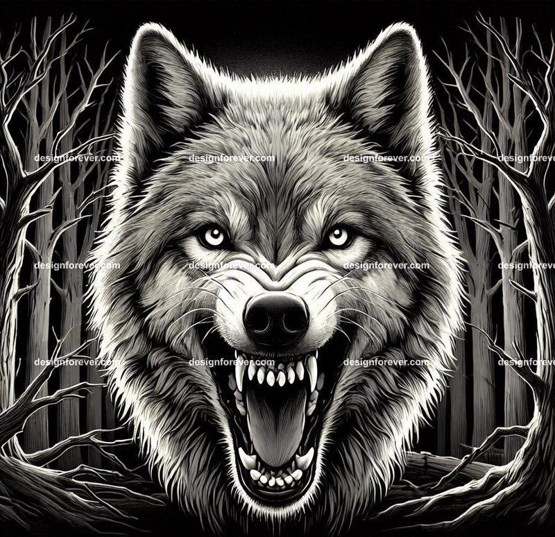 a wolf baring its teeth at you in creepy forest with dead trees