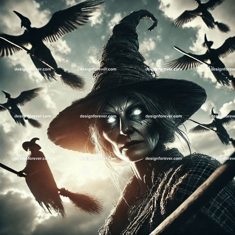 flight of witches in broomsticks in the skies