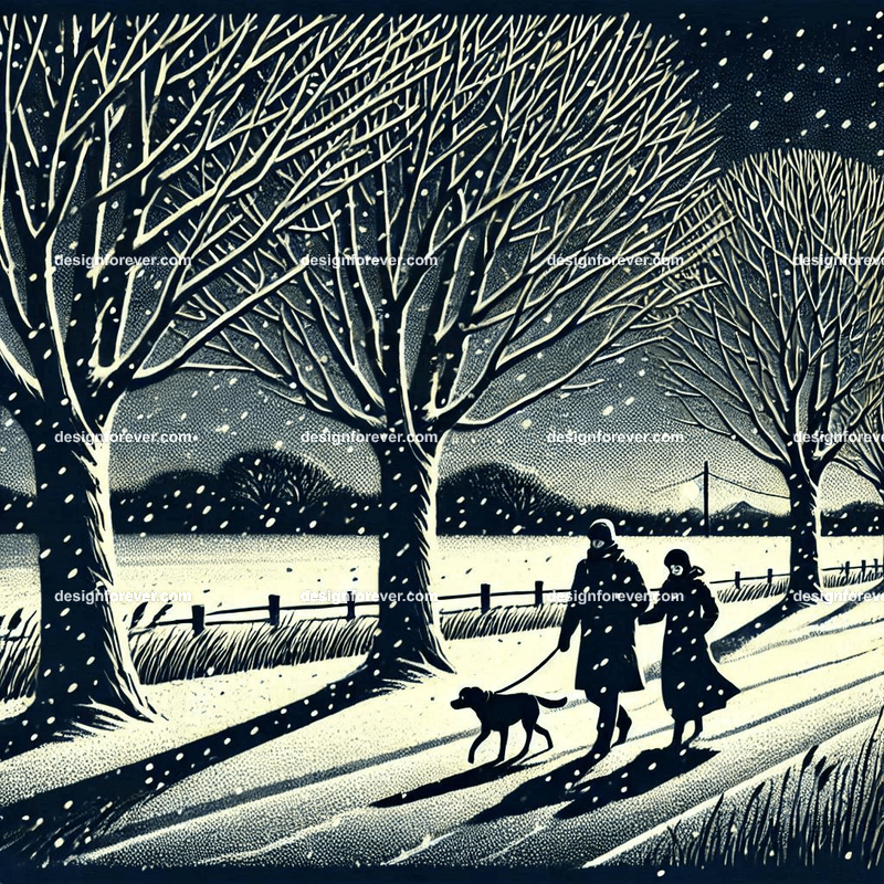 couple walking with a dog in winter