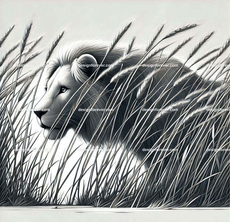 a lion hidden behind stalks of grass