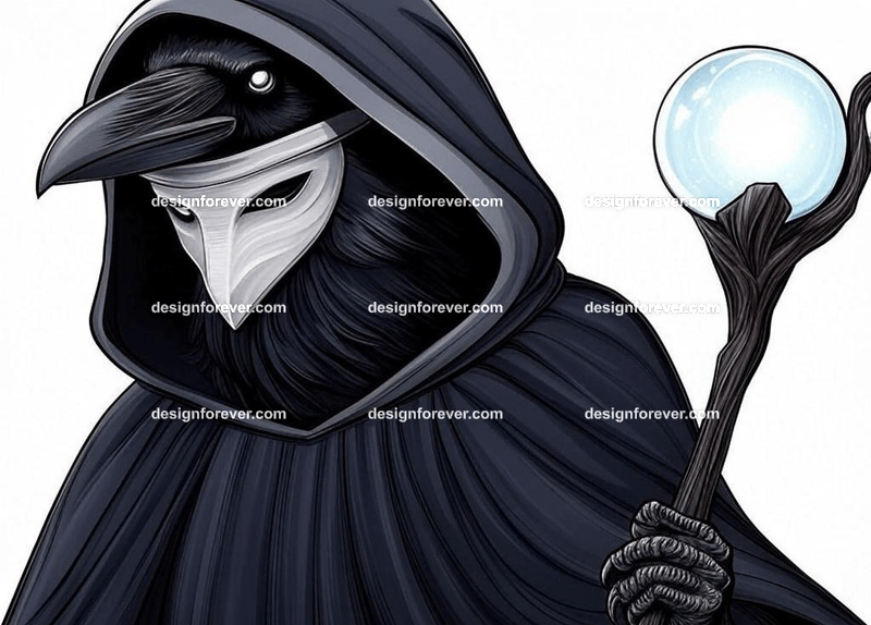 Mysterious raven in a dark hooded cloak