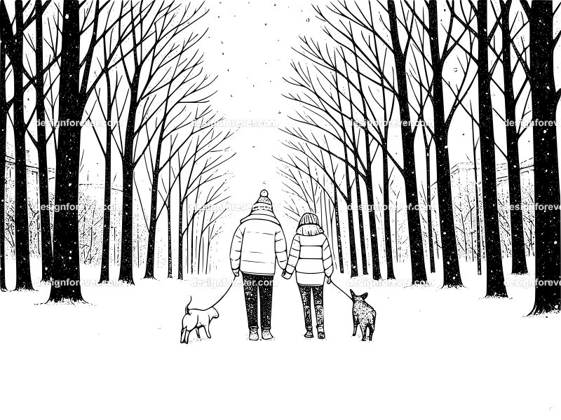 couple walking dog in winter