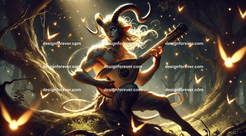 Satyr with a lute, playing music in an enchanted forest, surrounded by glowing fireflies