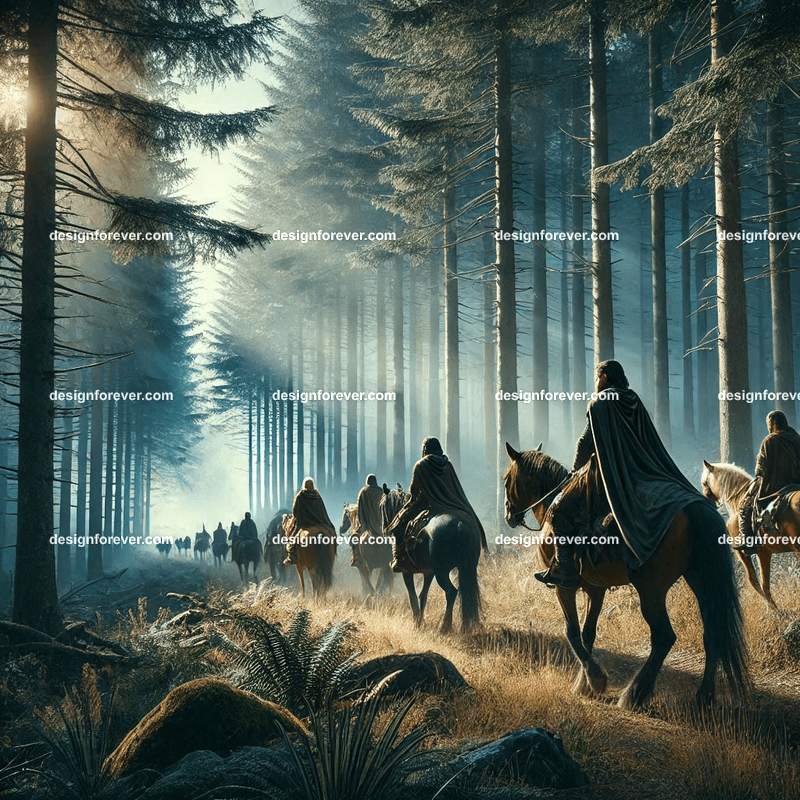 The heroes from wheel of time on horses traveling through forest