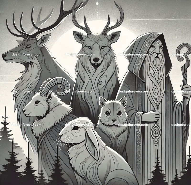 Woodland animals personified as wise, druidic protectors of nature