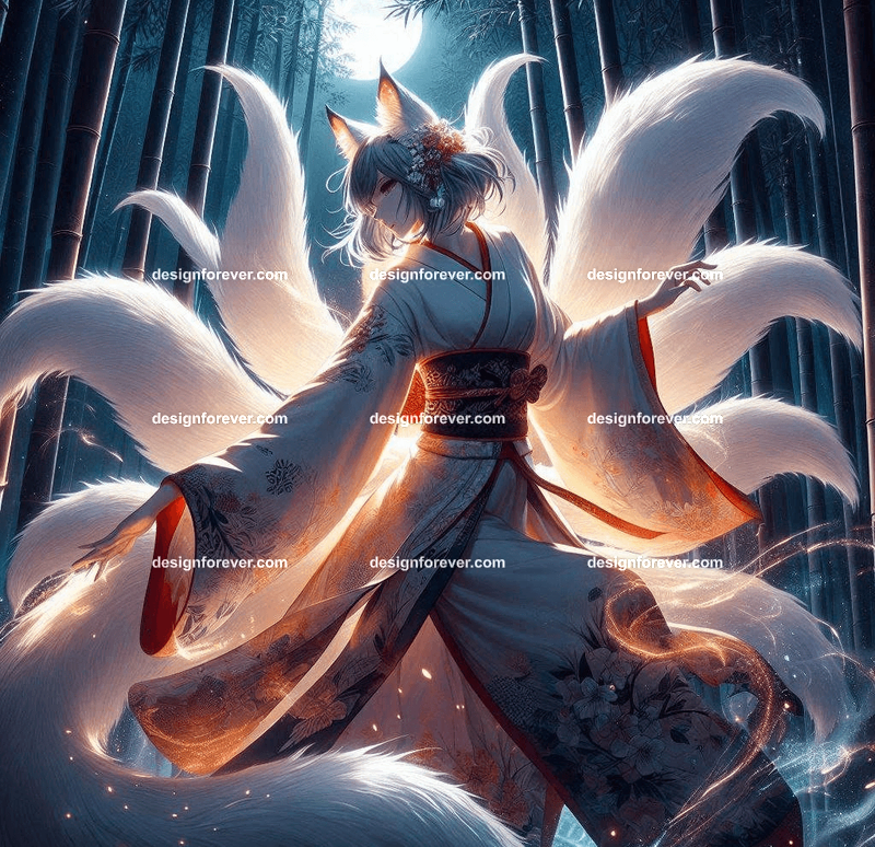 Kitsune in a silk kimono, with multiple tails glowing faintly, surrounded by mystical foxfire in moonlit forest bamboos