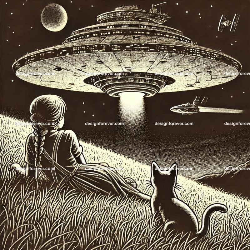 girl lying on hillside grass next to cat staring at spaceship landing nearby