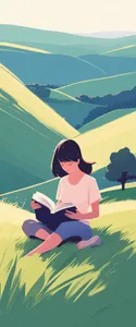 young woman with book lying on grass on hillside