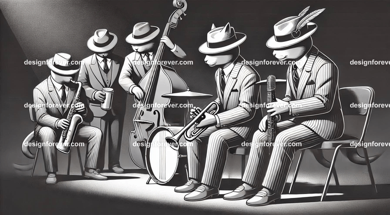 Anthropomorphs as 1920s jazz musicians with suits, fedoras, and instruments