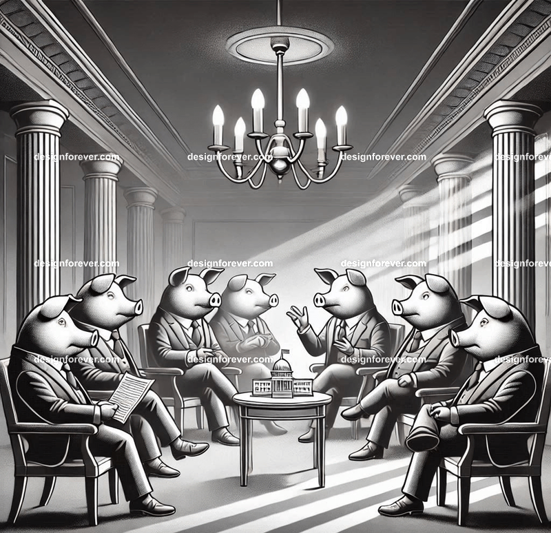 Personified pigs debating politics in a lavish setting