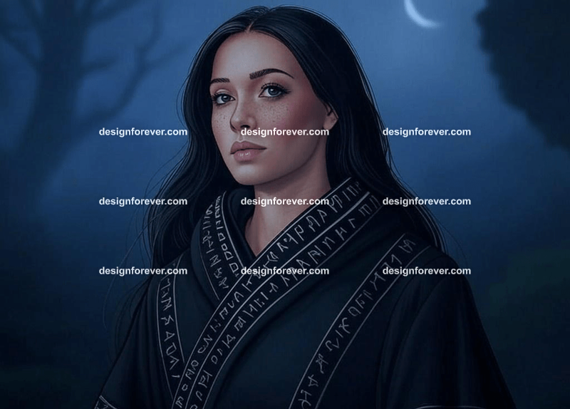 beautiful woman but with raven skin instead of human skin wearing black robe of magician with runes