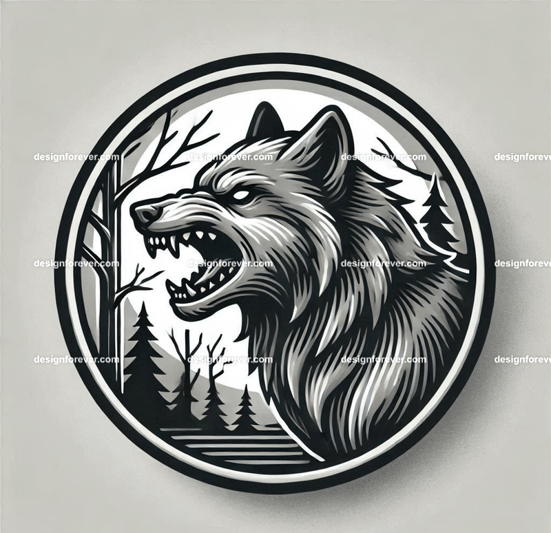 badge depicting A wolf baring its teeth in a creepy forest with dead trees