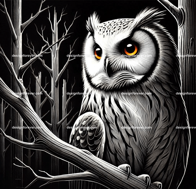 owl on a dead branch in creepy dark woods with dead trees