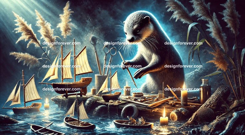 An otter crafting miniature boats from driftwood, surrounded by enchanted tools and glowing river reeds
