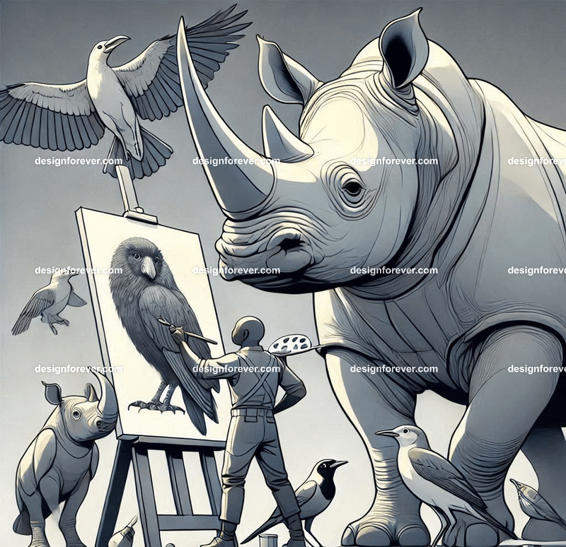 Anthropomorphs rhinos painting portraits of birds