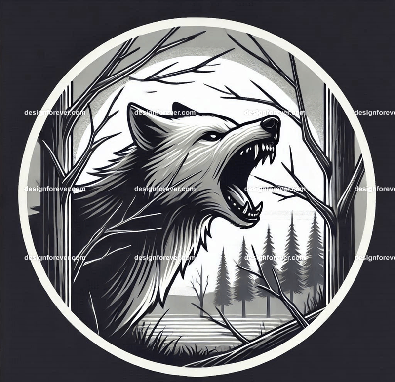 round frame depicting A wolf baring its teeth in a creepy forest with dead trees