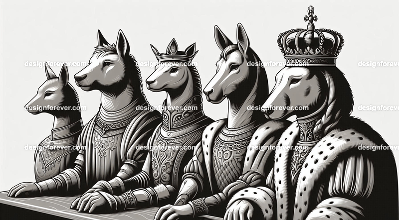 Animals depicted as kings, queens, or nobility, wearing intricate medieval or regal attire