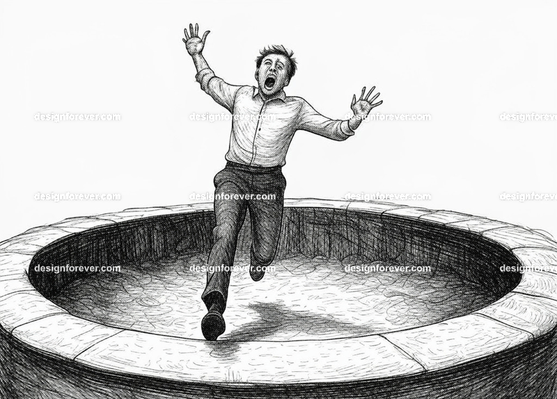man in state of falling into a endless well screaming with fright