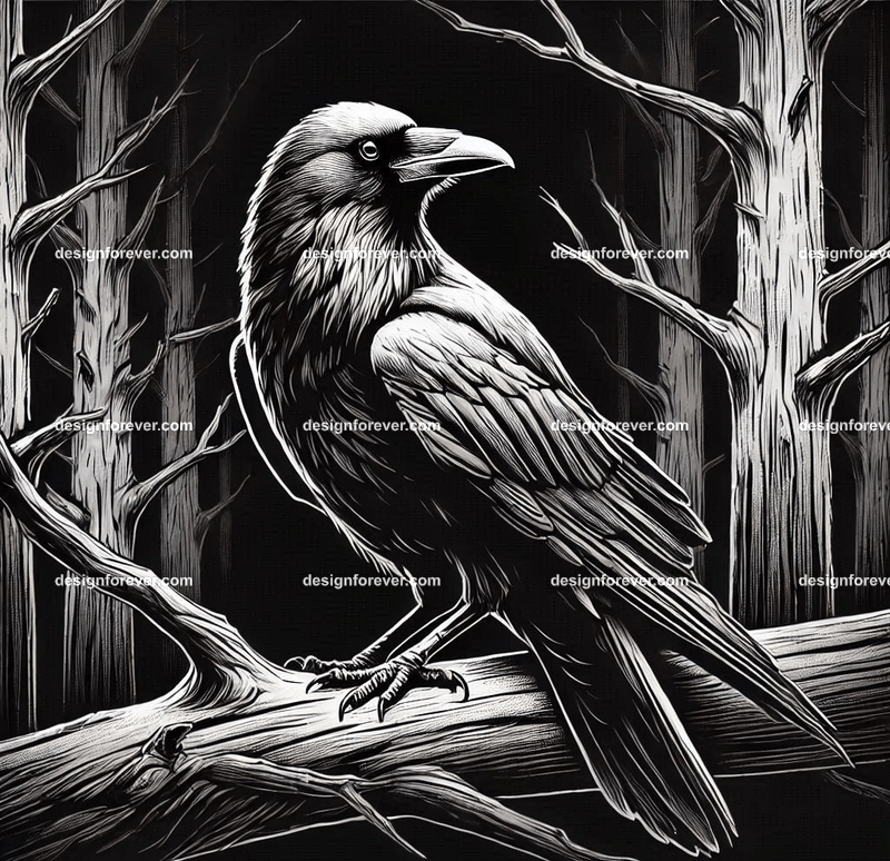 crow on a dead branch in creepy dark woods with dead trees