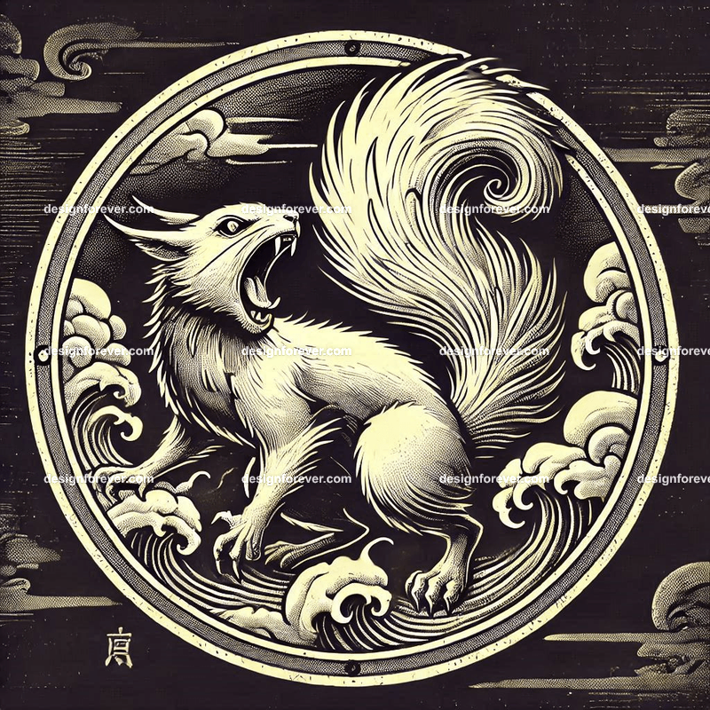 the fury of the squirrel within a circular seal in pure white background