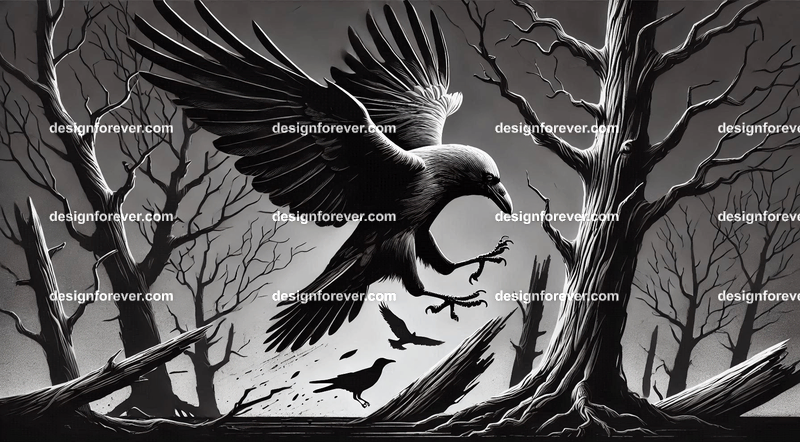 crow flying down towards its prey on ground in dark forest with dead trees