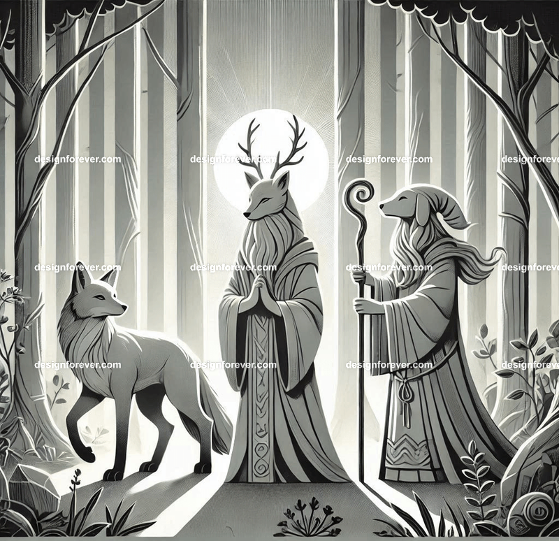 Woodland animals personified as wise, druidic protectors of nature