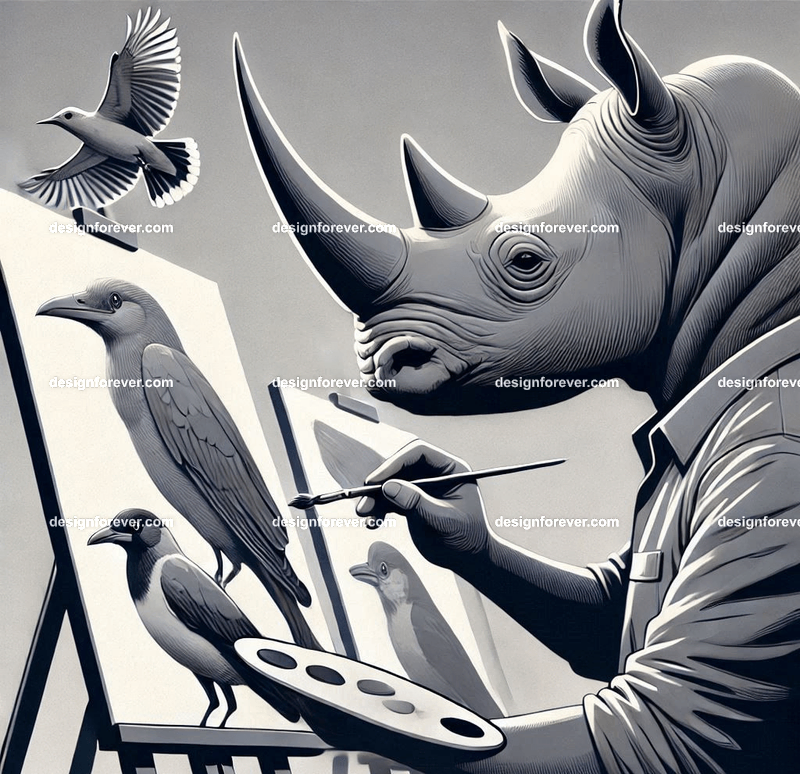 Anthropomorphs rhinos painting portraits of birds