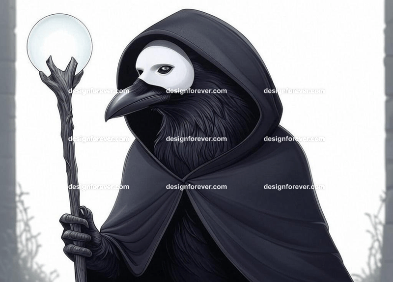 Mysterious raven in a dark hooded cloak