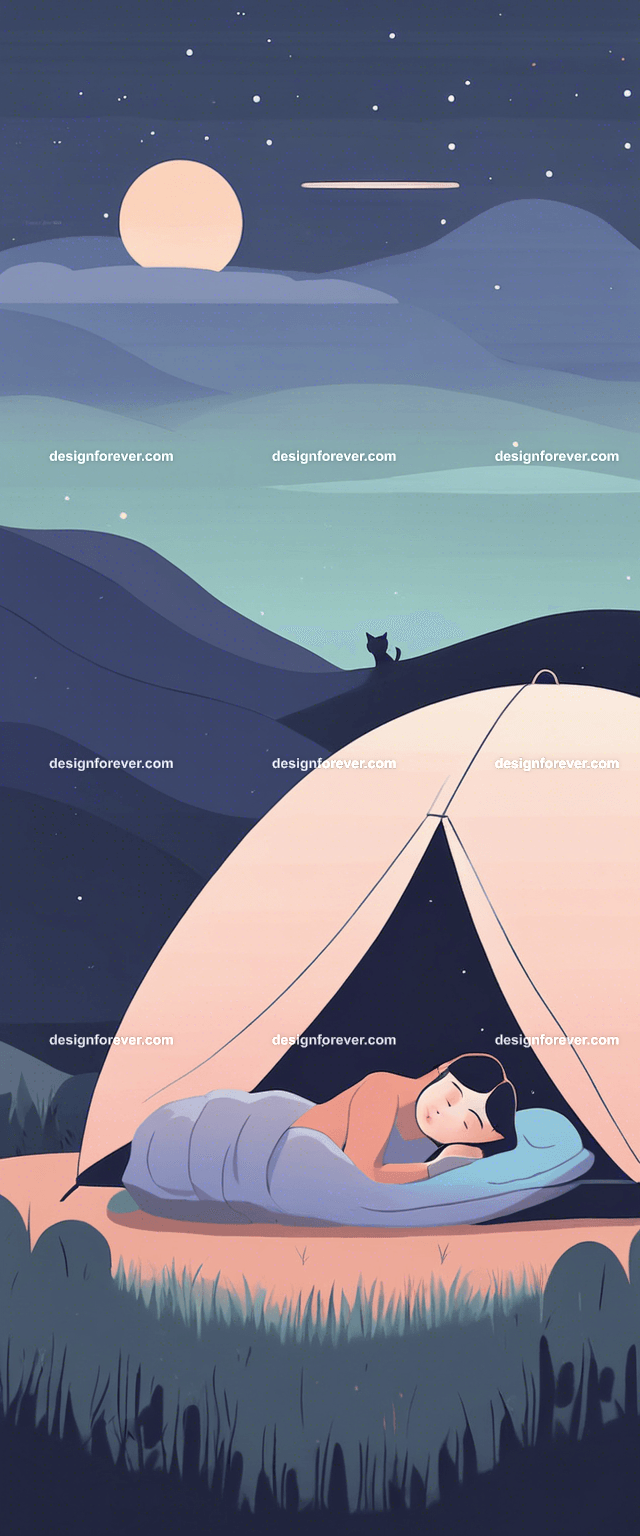 young woman sleeping outside in sleeping bag and tent under night evening sky