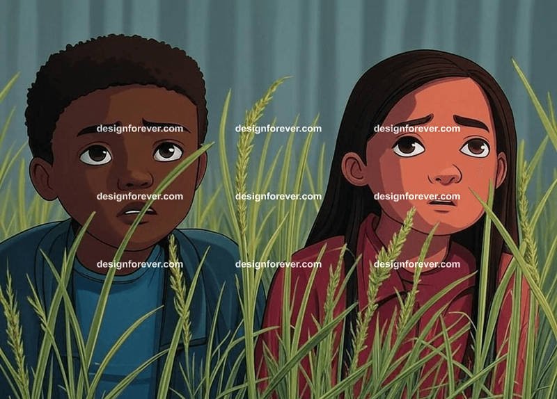 2 teens peering through stalks of grass in forest hunted by poachers